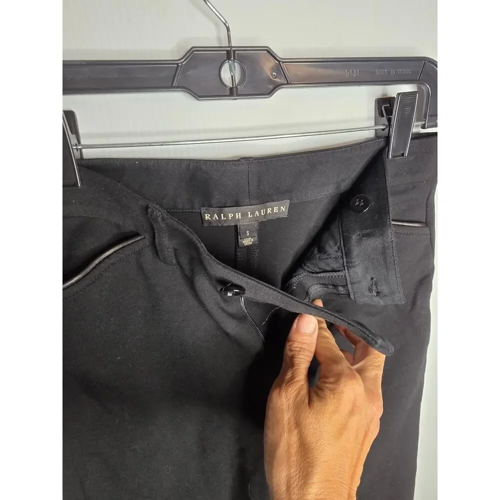Ralph Lauren Size S Black Slim Fit Trousers With Leather-Look Trim